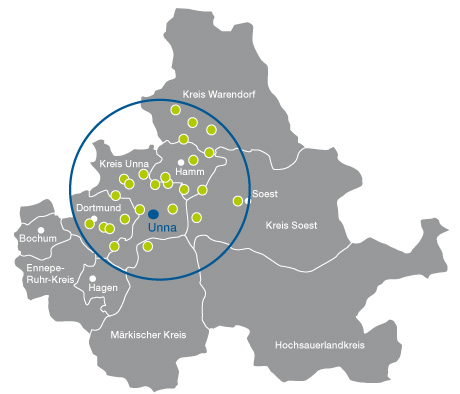 Karte des Einzugsgebiets der Firma AUTOMATEN HUSEMANN/FIGGER